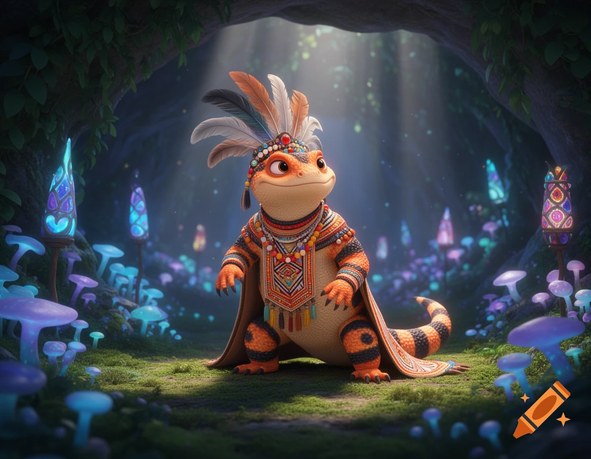 A stylized Gila monster wearing feathered tribal clothes stands in a magical, glowing forest, Pixar style.