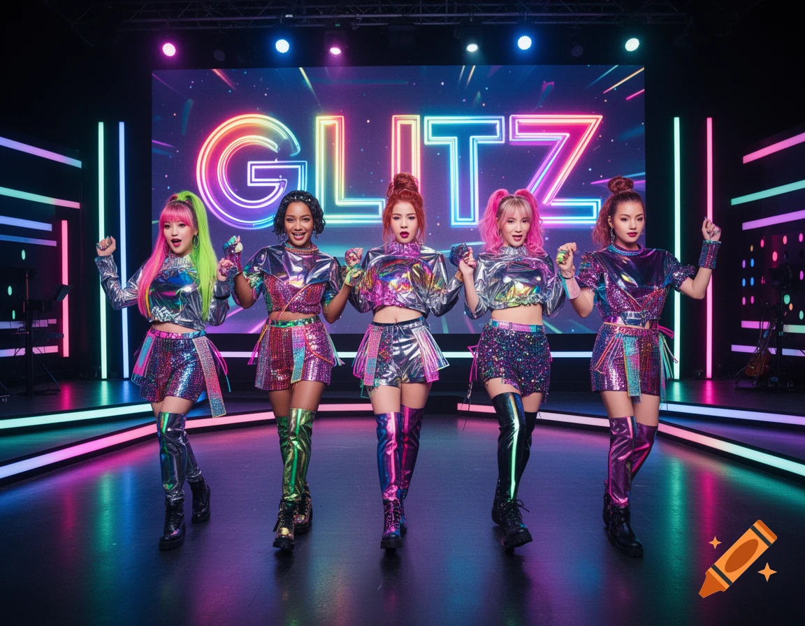 Five diverse women in shiny, colorful Y2K K-pop outfits pose on a neon-lit stage with 'GLITZ' on a large screen.