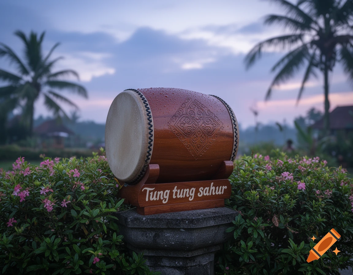 A photorealistic image of a wooden drum with carvings and water droplets on a stone pedestal, text 'Tung tung sahur', amidst green foliage and pink flowers with palm trees and a cloudy sky at dawn.