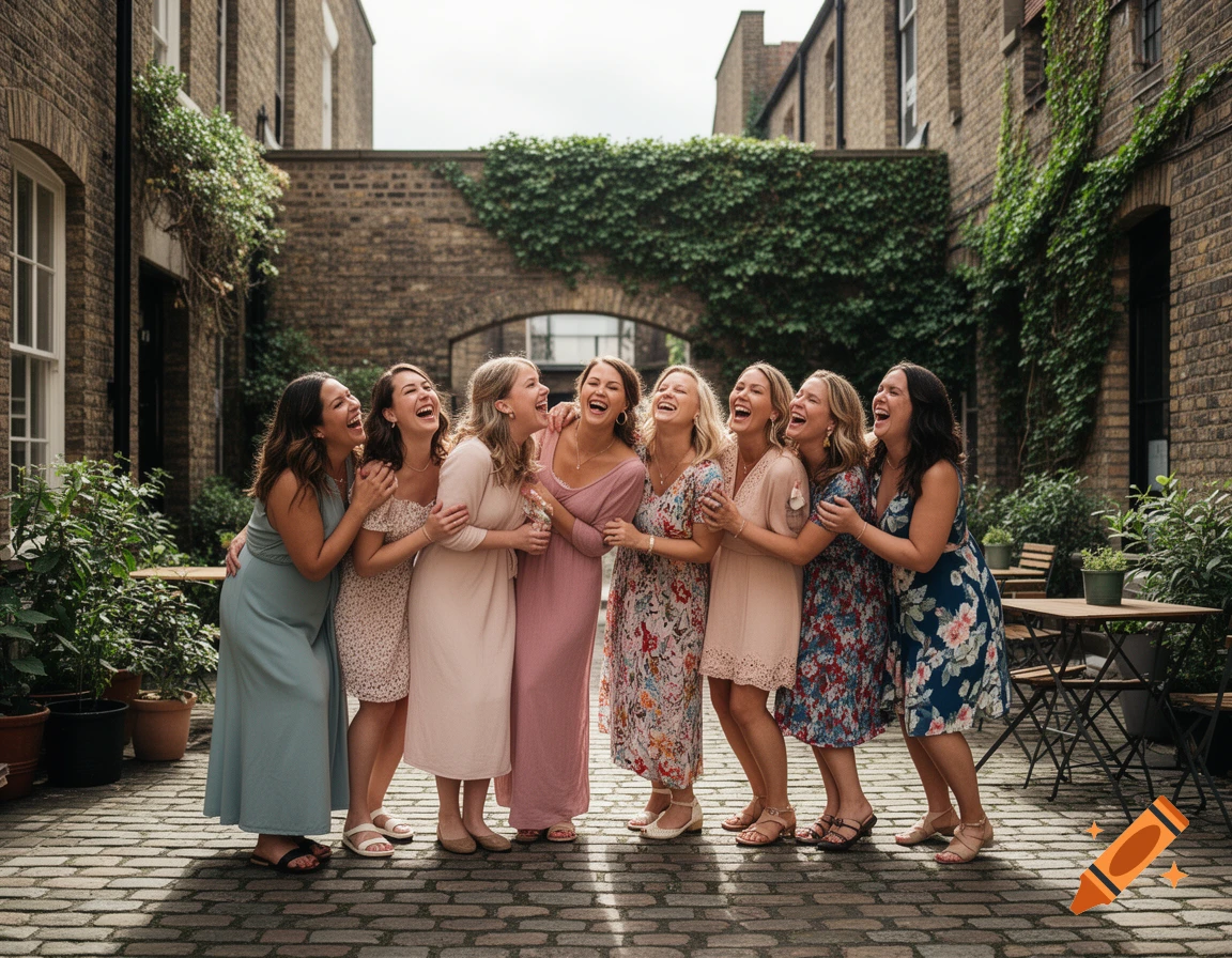 A group of women laughing joyfully in a cobblestone courtyard surrounded by brick buildings and greenery.