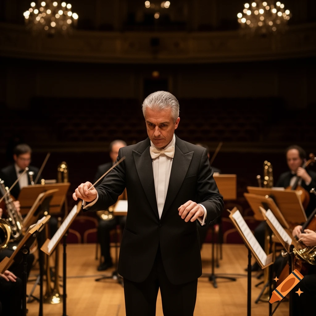 A male conductor in a tuxedo leads an orchestra on stage, holding a baton in a warmly lit concert hall.