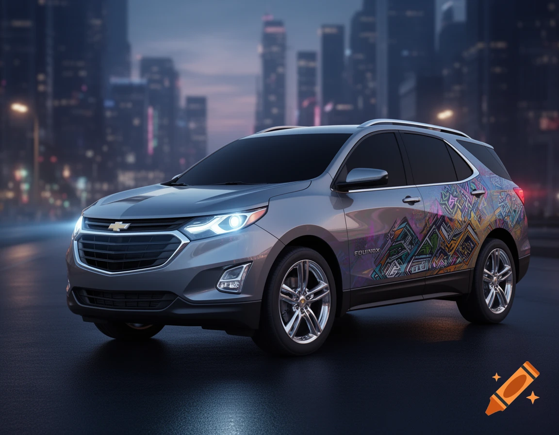 A grey Chevrolet Equinox SUV with colorful graphics on its side, parked on a wet city street at night with blurred buildings in the background.