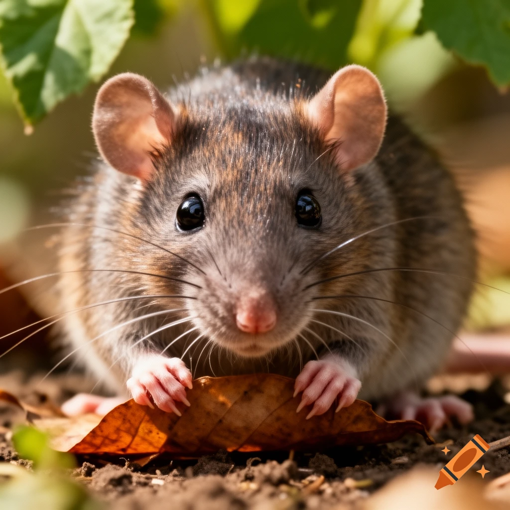 A brown rat with big black eyes and prominent whiskers clutches a fallen autumn leaf on the dirt ground.