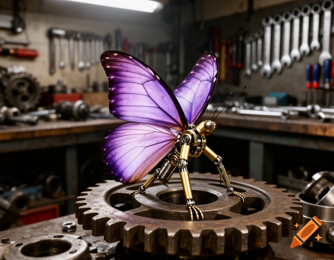A detailed mechanical butterfly with purple wings rests on a large gear in a cluttered workshop.
