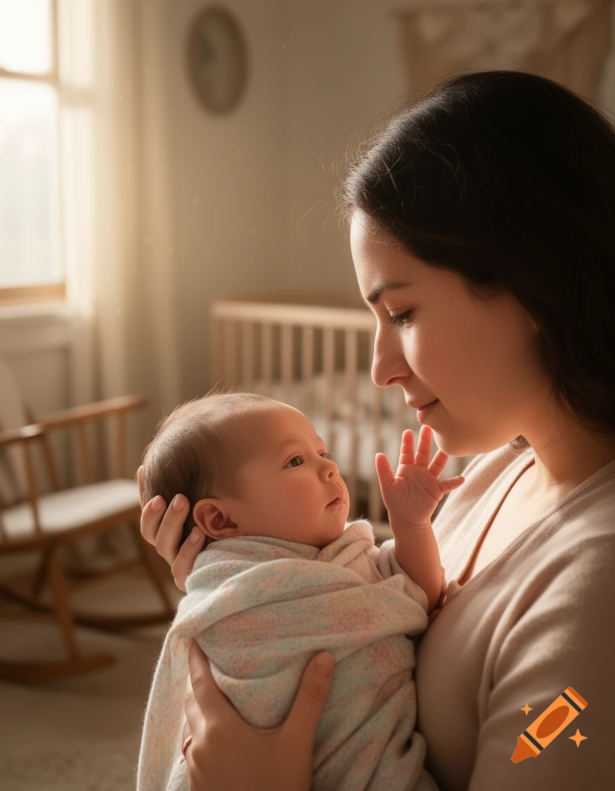 A mother tenderly holds her newborn baby, looking at each other in a sunlit room.