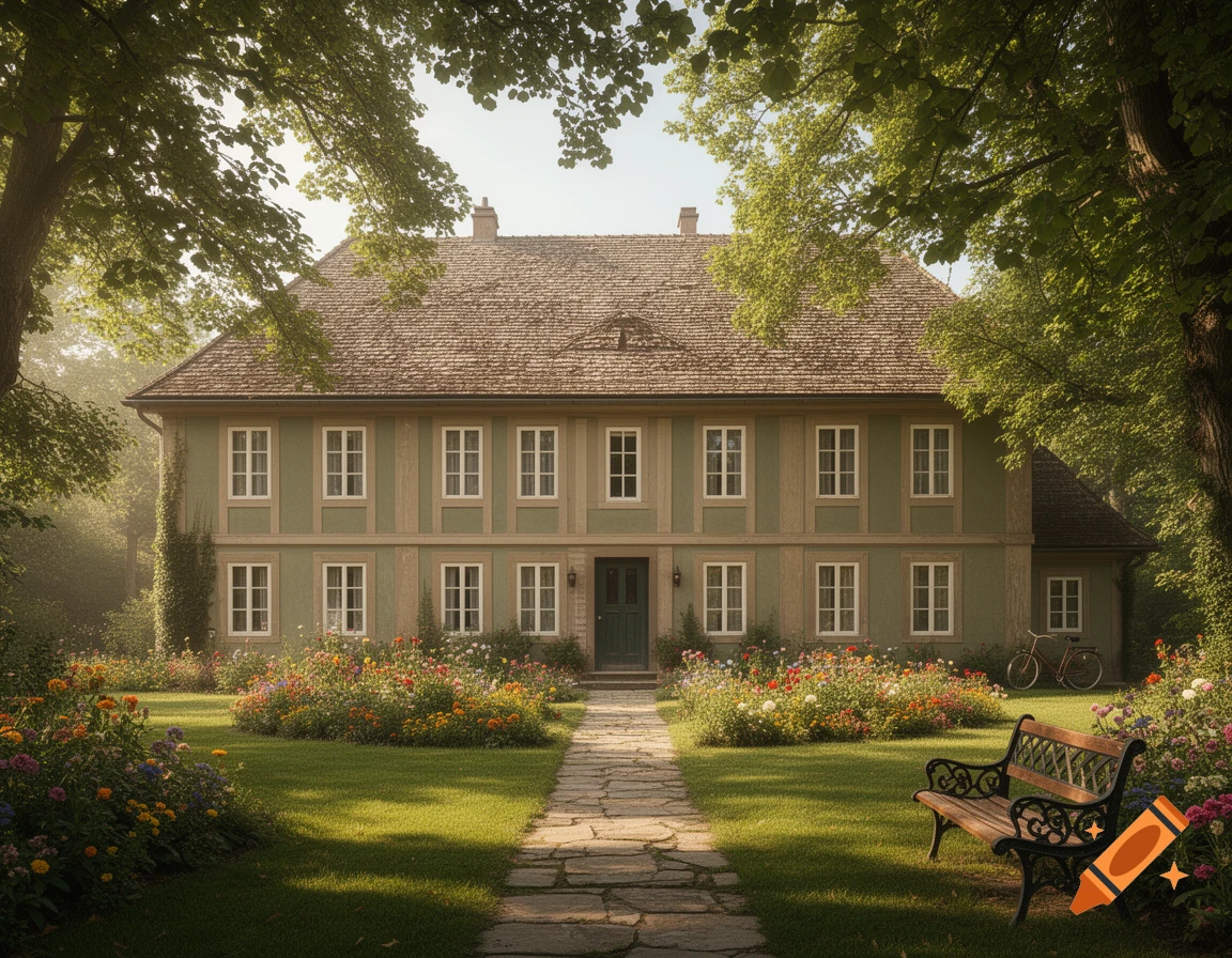 A large, green-sided house with a shingled roof, surrounded by a lush garden with colorful flowers, a stone path, and tall trees.