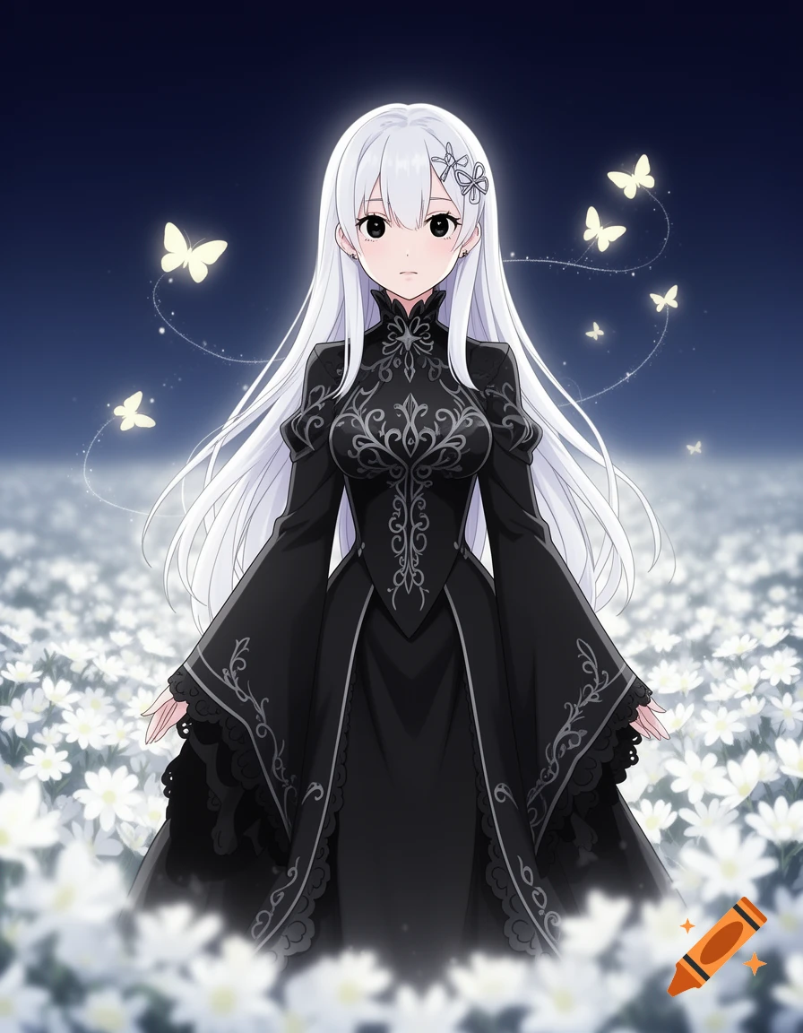 Anime illustration of a white-haired girl in a black gothic dress standing in a field of glowing white flowers with butterflies.