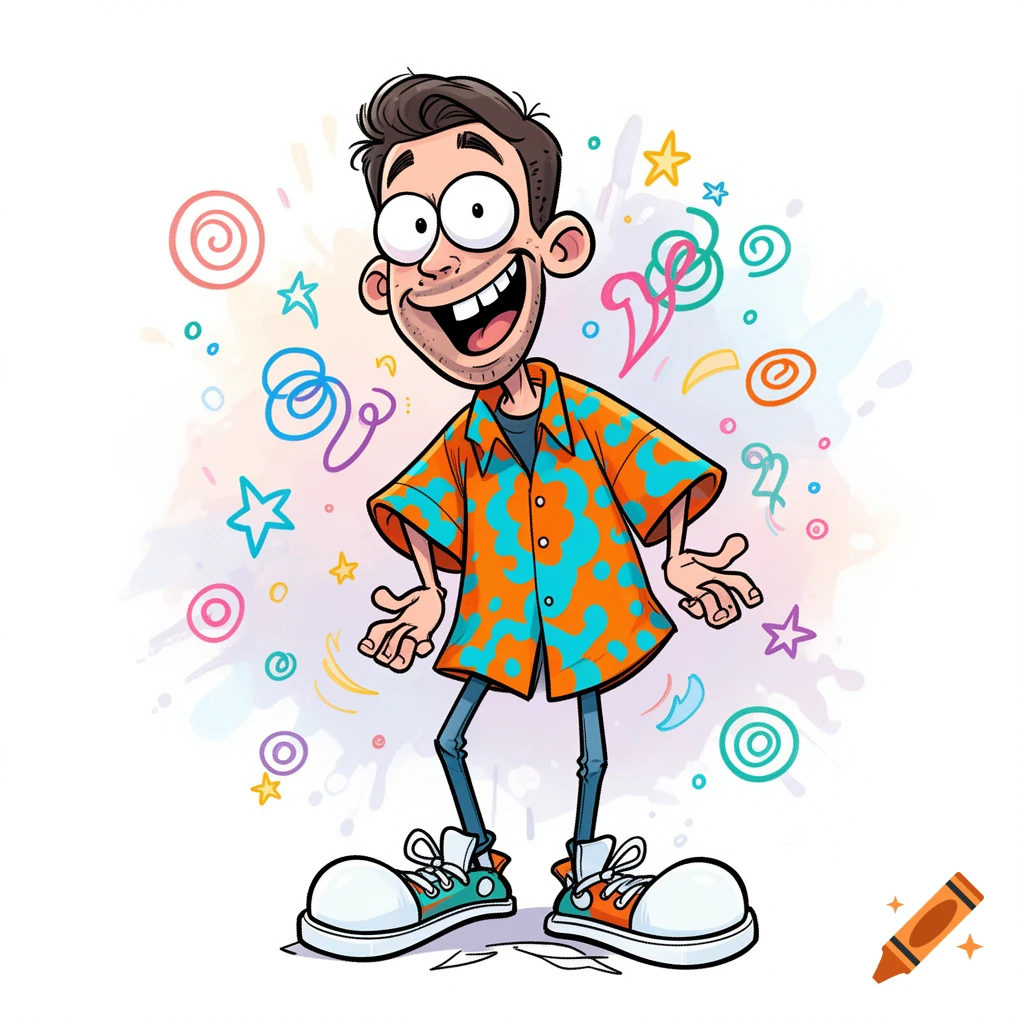 A funny cartoon man with big eyes and a wide grin, wearing a colorful patterned shirt and oversized sneakers, surrounded by colorful abstract shapes.