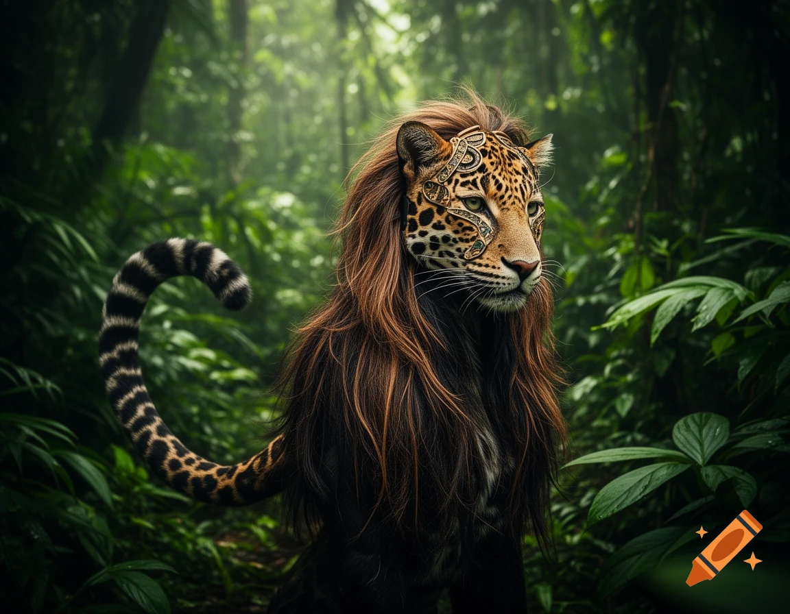 A majestic therian creature with a jaguar face, ornate gold markings, a flowing brown mane, and a striped tail in a lush jungle.