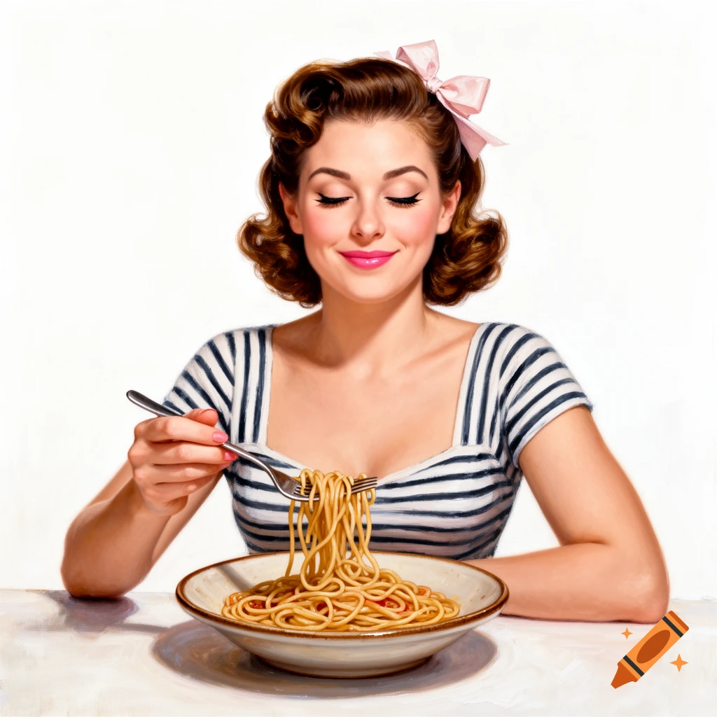A retro pin-up woman with a bow, in a striped top, blissfully eats spaghetti from a bowl, painted in oil on a white background.