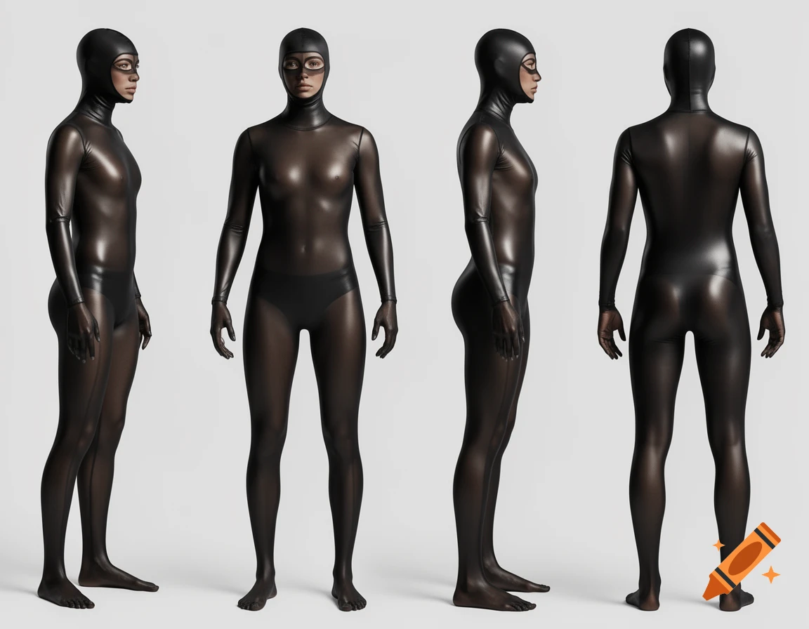 Four full-body views of a person wearing a shiny, sheer black catsuit with a hood and gloves, featuring front, back, and profile angles on a white background.