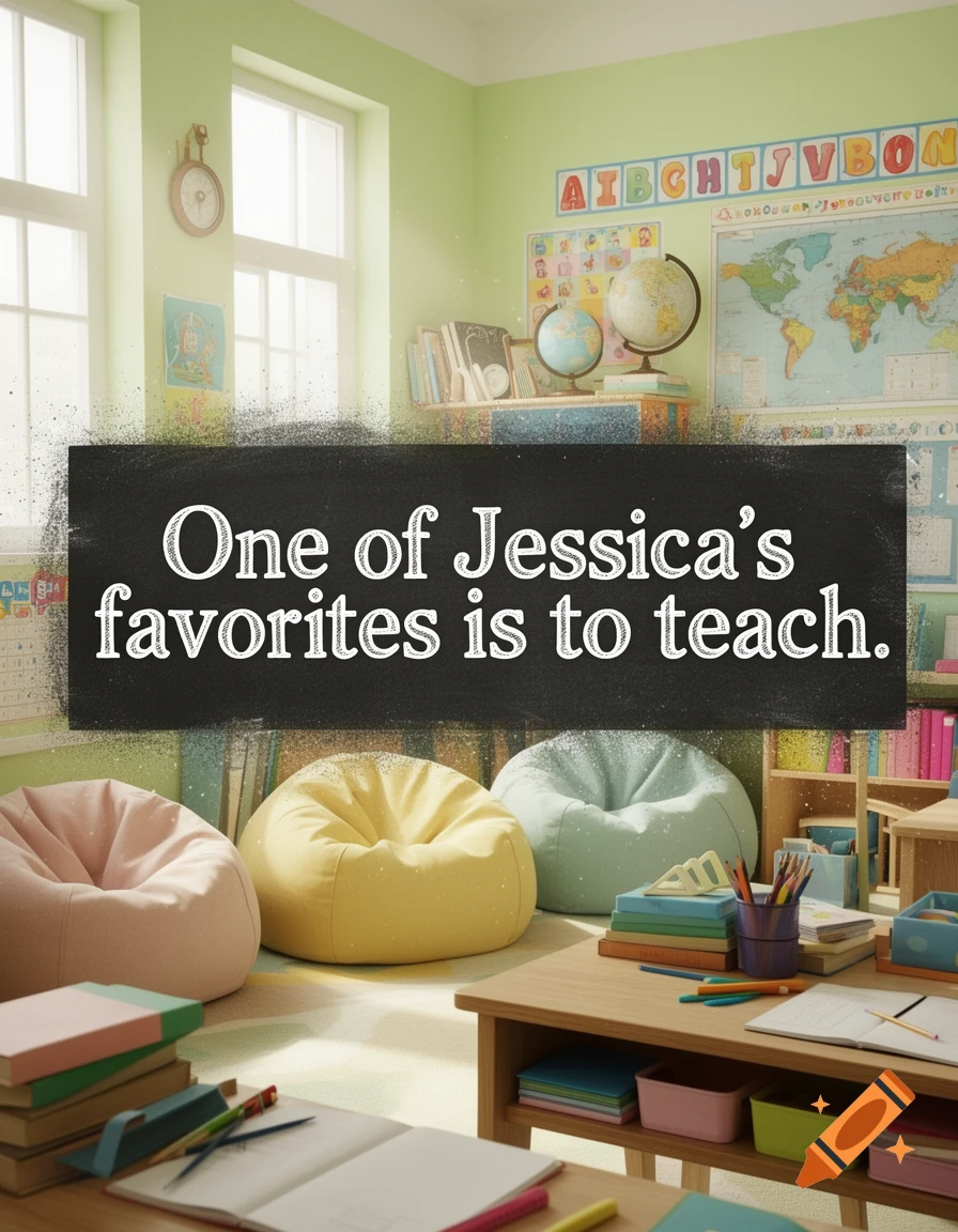 A bright classroom with a blackboard featuring the text 'One of Jessica's favorites is to teach,' alongside bean bags, books, and globes.