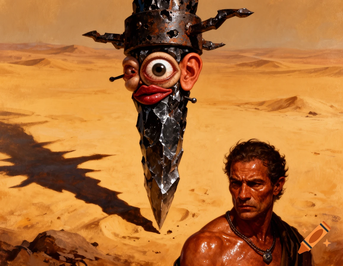 A grotesque, stylized metal spike with an impaled eyeball, ear, and lips in a desert, with a man looking on, in a dark fantasy painting style.