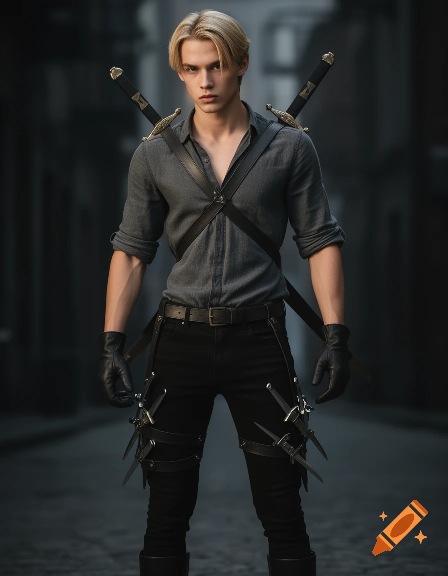 A blonde young man in a gray shirt, black pants, and gloves, with swords on his back and daggers on his legs, standing in a dark alley.