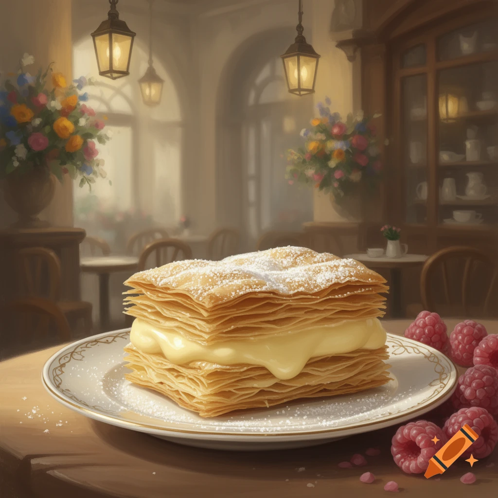 A cream-filled puff pastry (Cremeschnitte) dusted with powdered sugar, served with fresh raspberries on a wooden table in a cozy cafe.