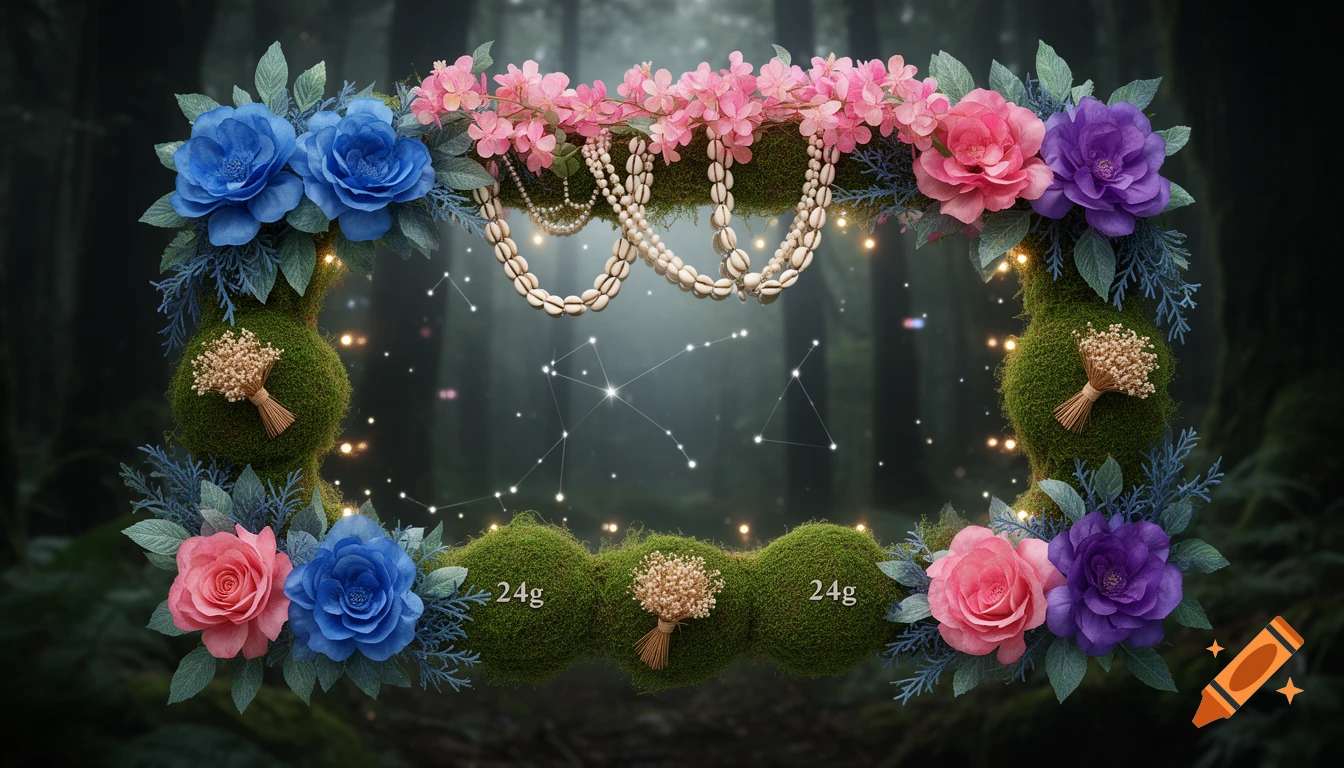 A rectangular frame of moss, blue, pink, and purple flowers, shell necklaces, and string lights. "24g" is written on two moss bundles. The background is a dark, mystical forest with faint constellations.