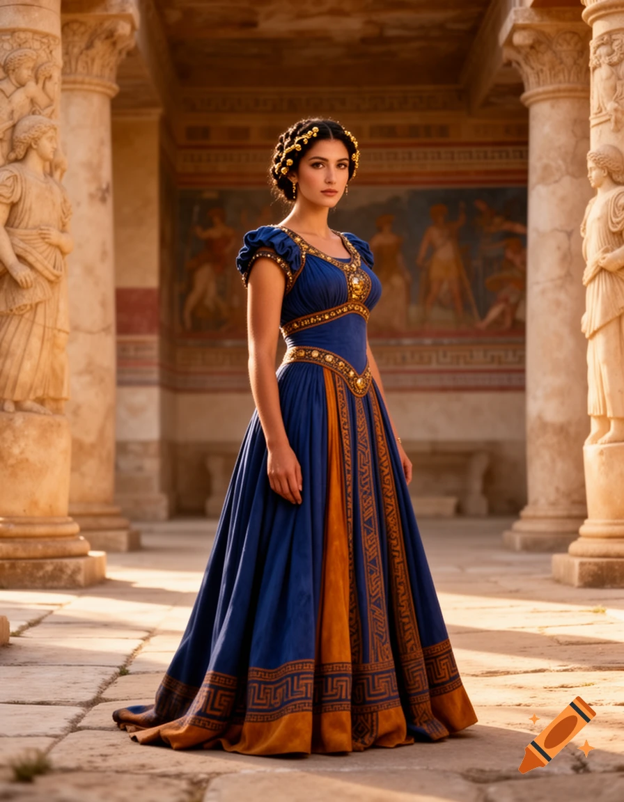 A photorealistic image of a woman in an elaborate blue and gold Minoan-style dress, standing in an ancient columned hall with murals.