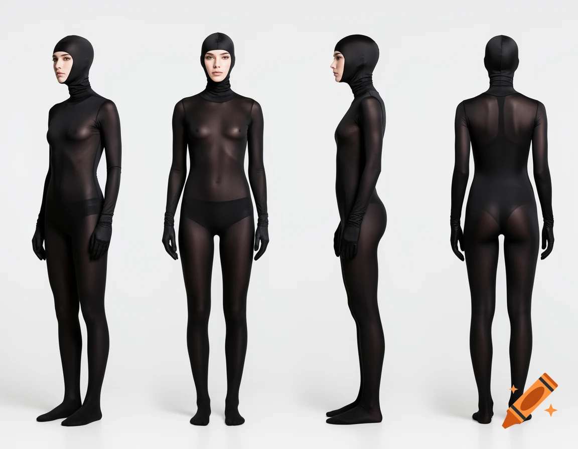 Four views of a female model in a sheer black catsuit with gloves and foot coverings against a white background.