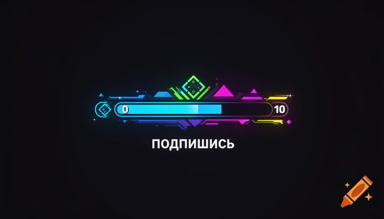Vibrant neon-colored futuristic gaming loading bar with progress from 0 to 10 and the word ' подпишись' (subscribe) below.