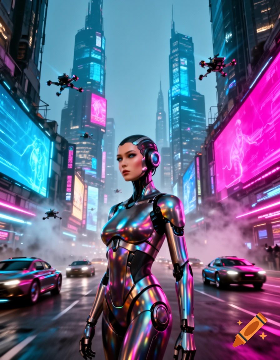 A sleek, metallic cyborg with a human face stands on a wet, neon-lit street in a futuristic city with flying drones.