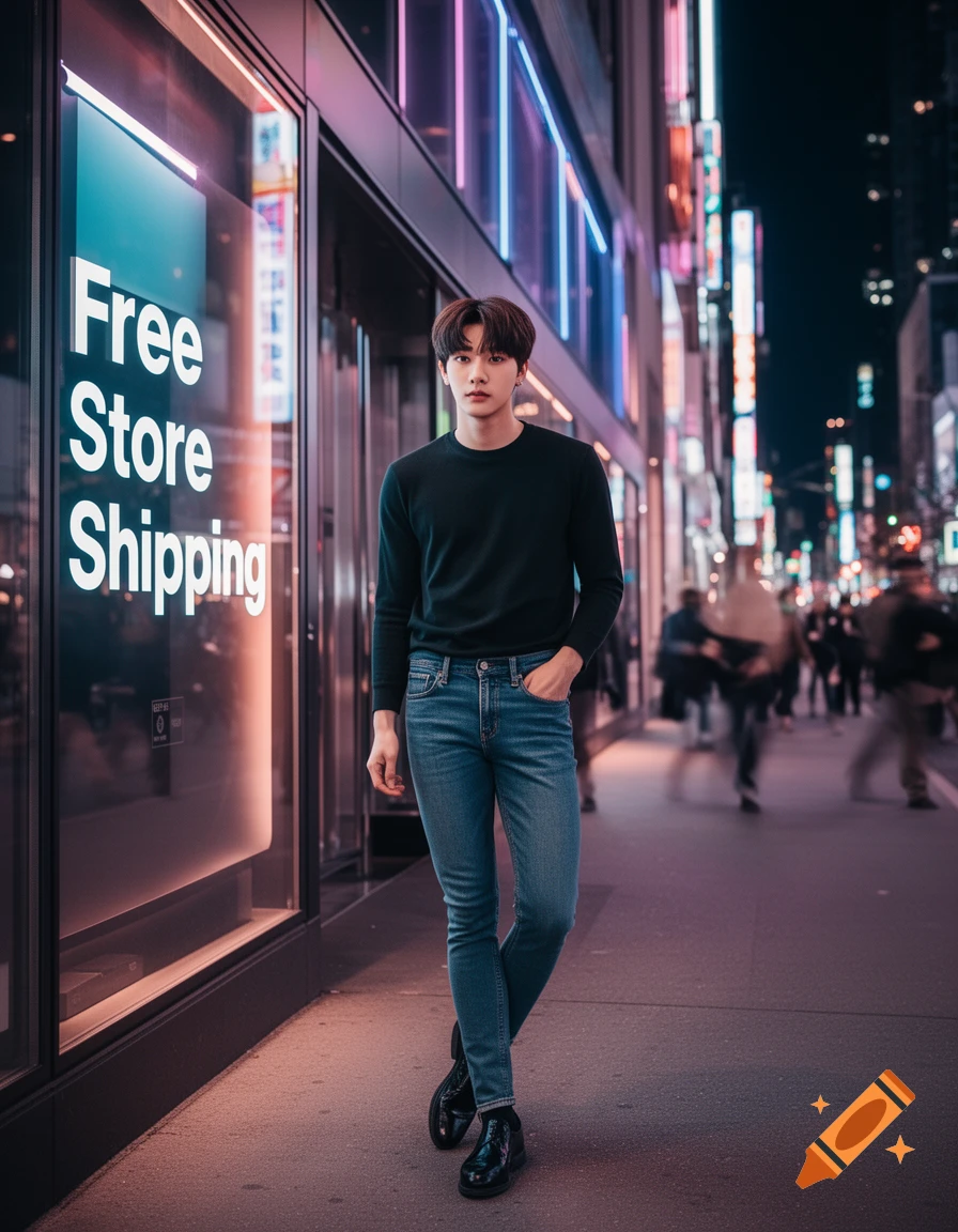 A young man in a black sweater and blue jeans walks past a store with 'Free Store Shipping' on a city street at night.
