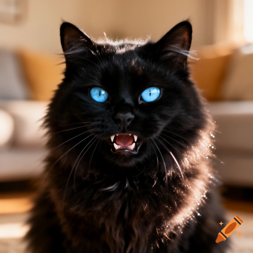 A close-up of a fluffy black cat with piercing blue eyes and visible fangs, snarling slightly.