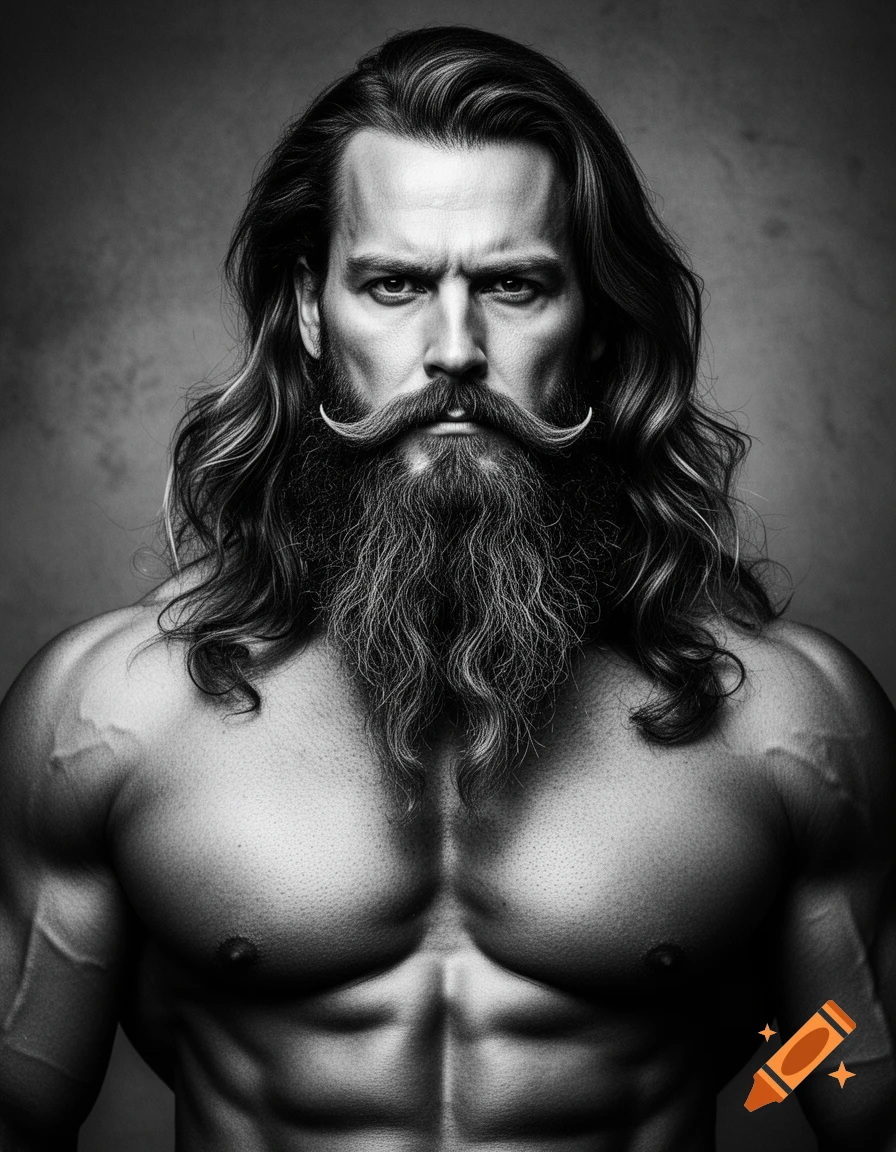 A photorealistic black and white portrait of a muscular man with long wavy hair, a prominent mustache, and a full beard, looking intensely at the viewer.