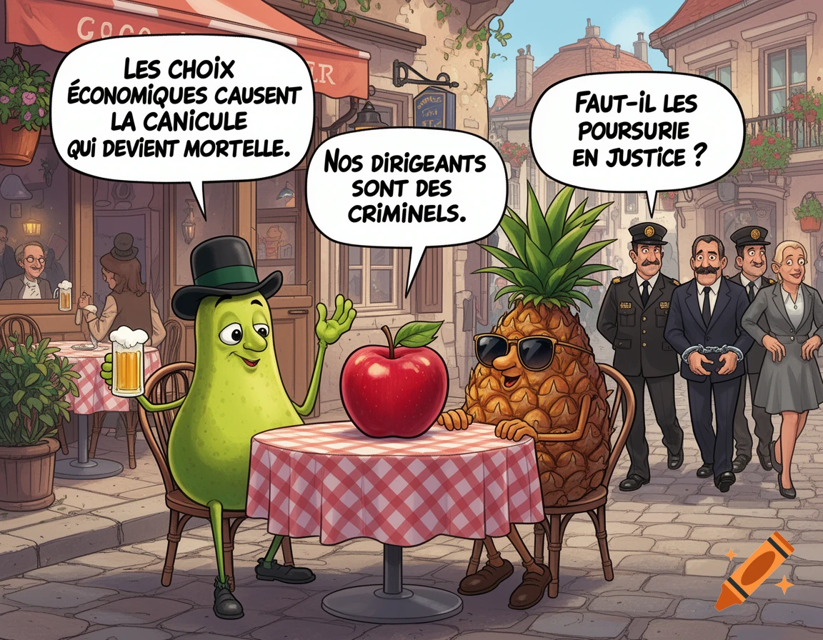 Cartoon pear, pineapple, and apple at a bistro table discussing politics, while police arrest people in the background.