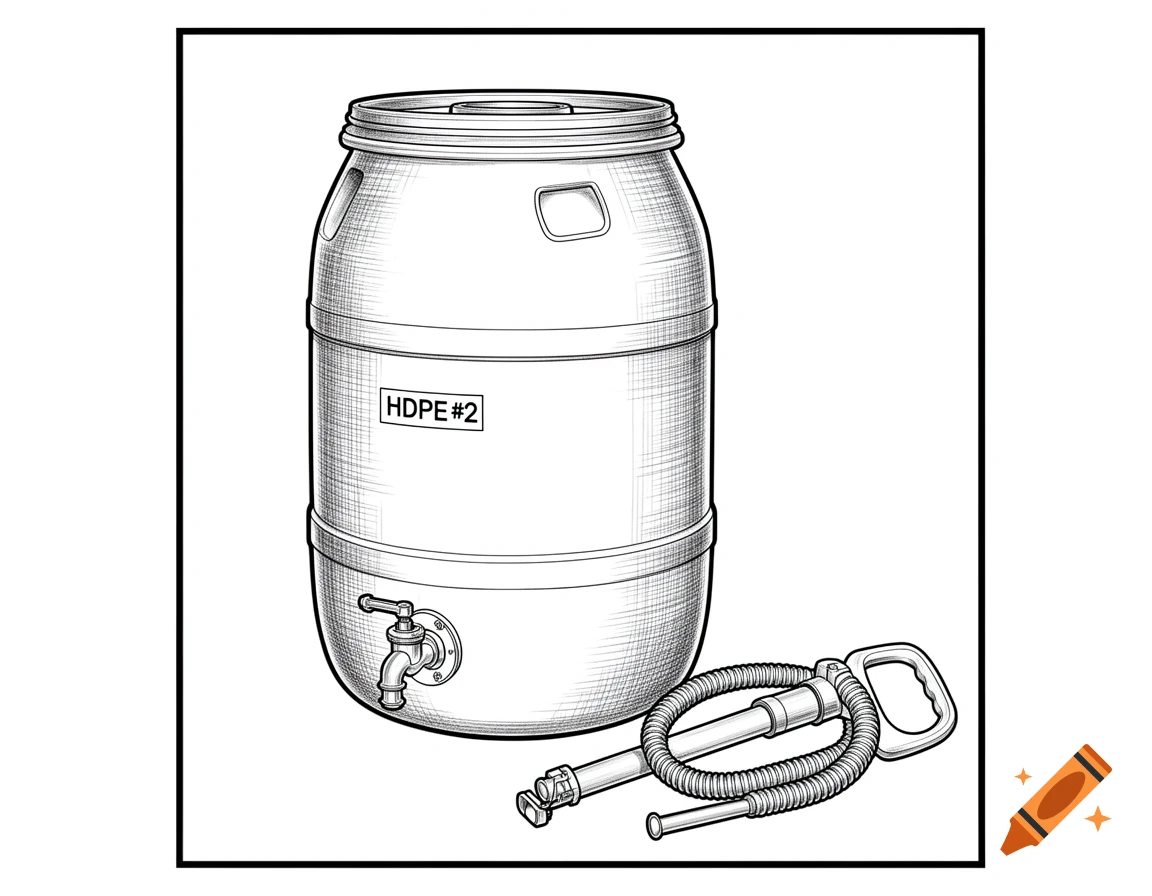 Line drawing of a white 55-gallon HDPE #2 barrel with a spigot and a manual siphon pump on the ground.