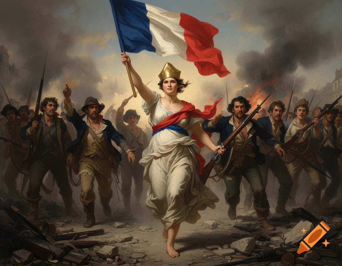 A woman in white with a red and blue sash, wearing a golden crown, leads armed revolutionaries while holding a French flag and a musket, in the style of a classical oil painting.