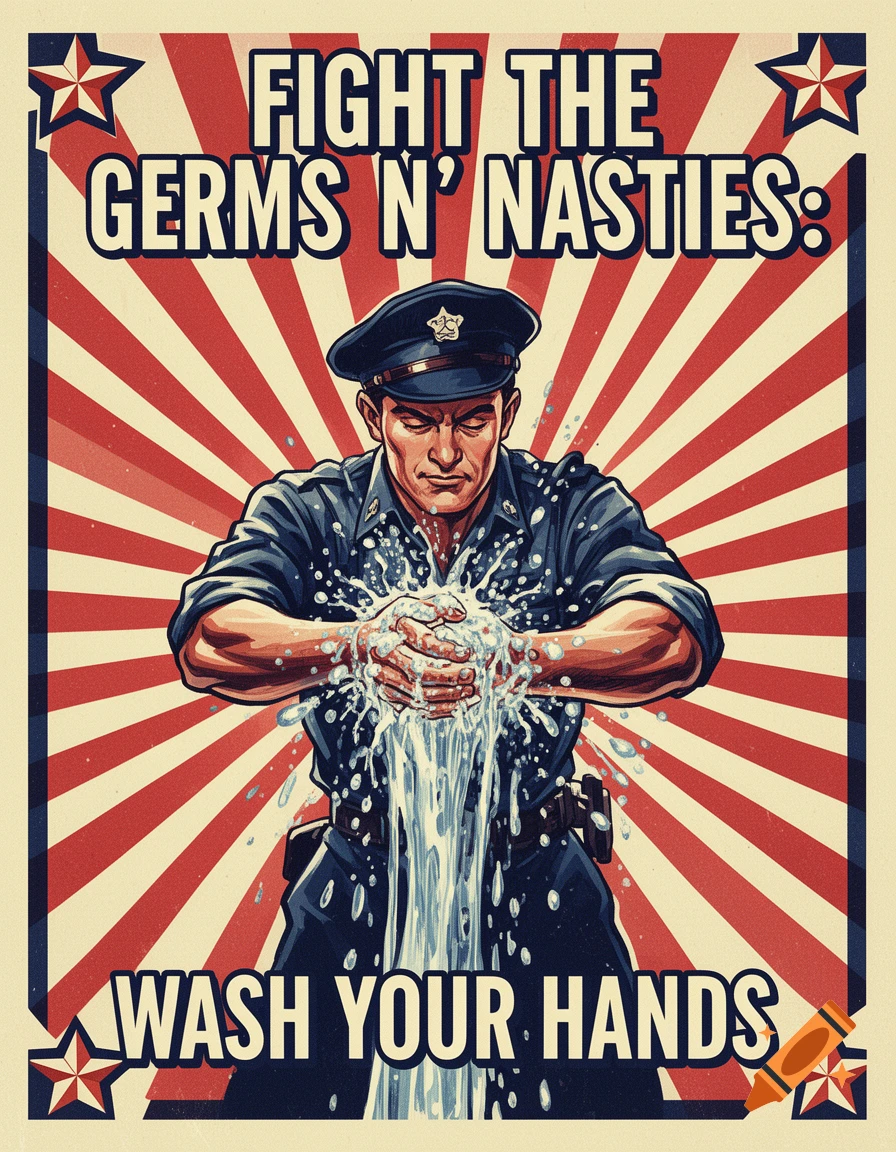 A retro propaganda poster of a police officer washing his hands with text 'FIGHT THE GERMS N' NASTIES: WASH YOUR HANDS' on a red and white starburst background.
