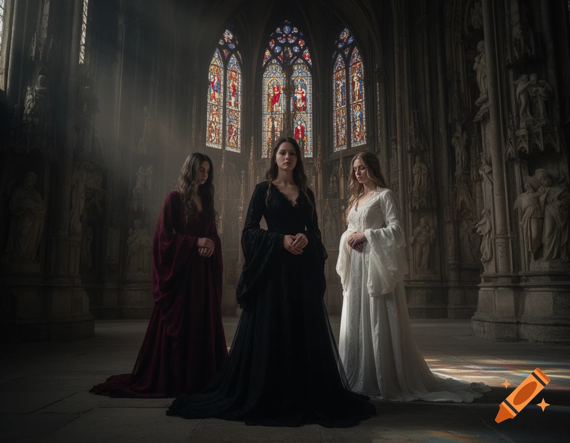 Three women in long red, black, and white dresses stand in a dark, majestic gothic cathedral with stained glass windows.