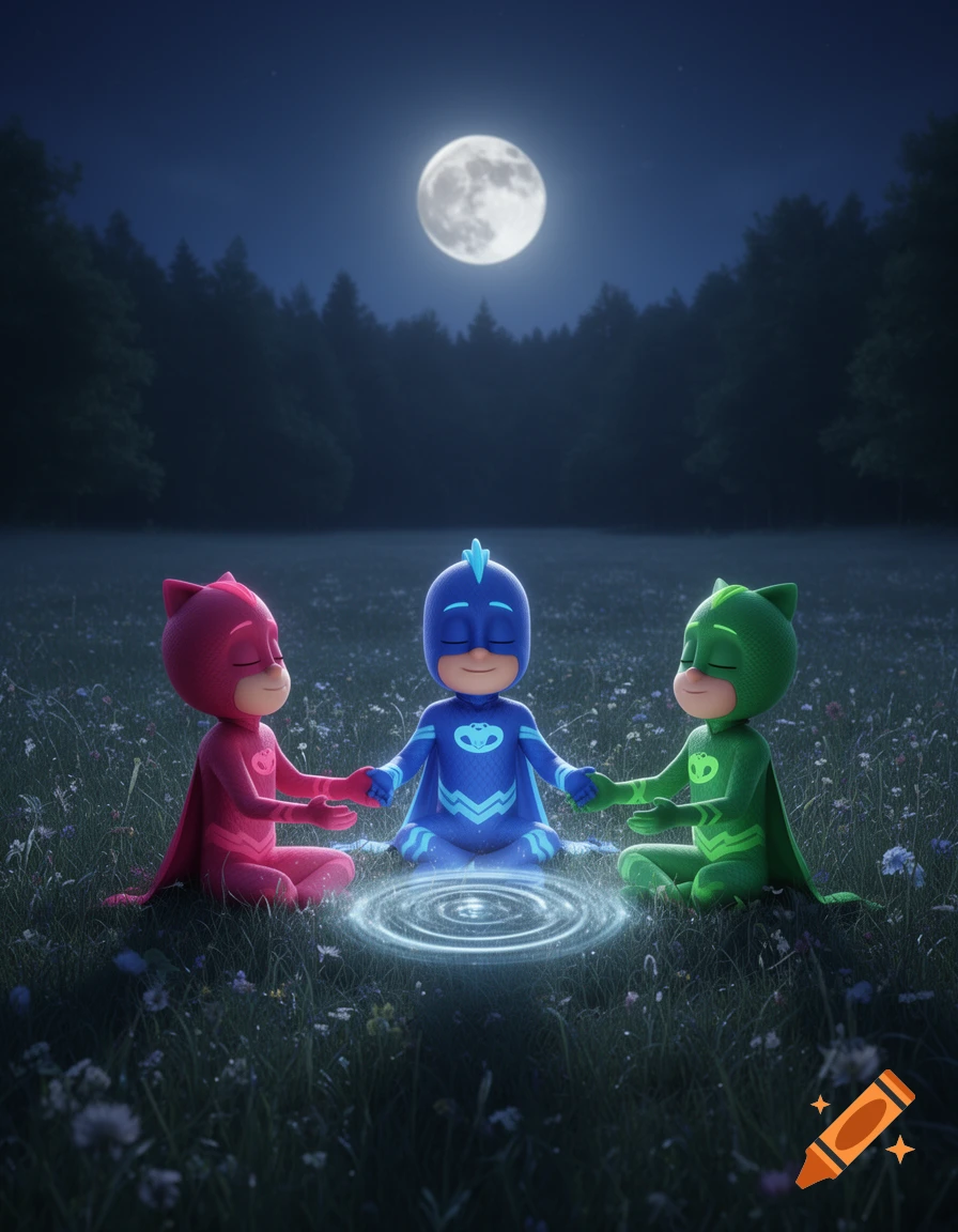 Three PJ Masks characters, Catboy, Owlette, and Gekko, meditate in a grassy field under a large full moon at night, holding hands with glowing ripples in the center.