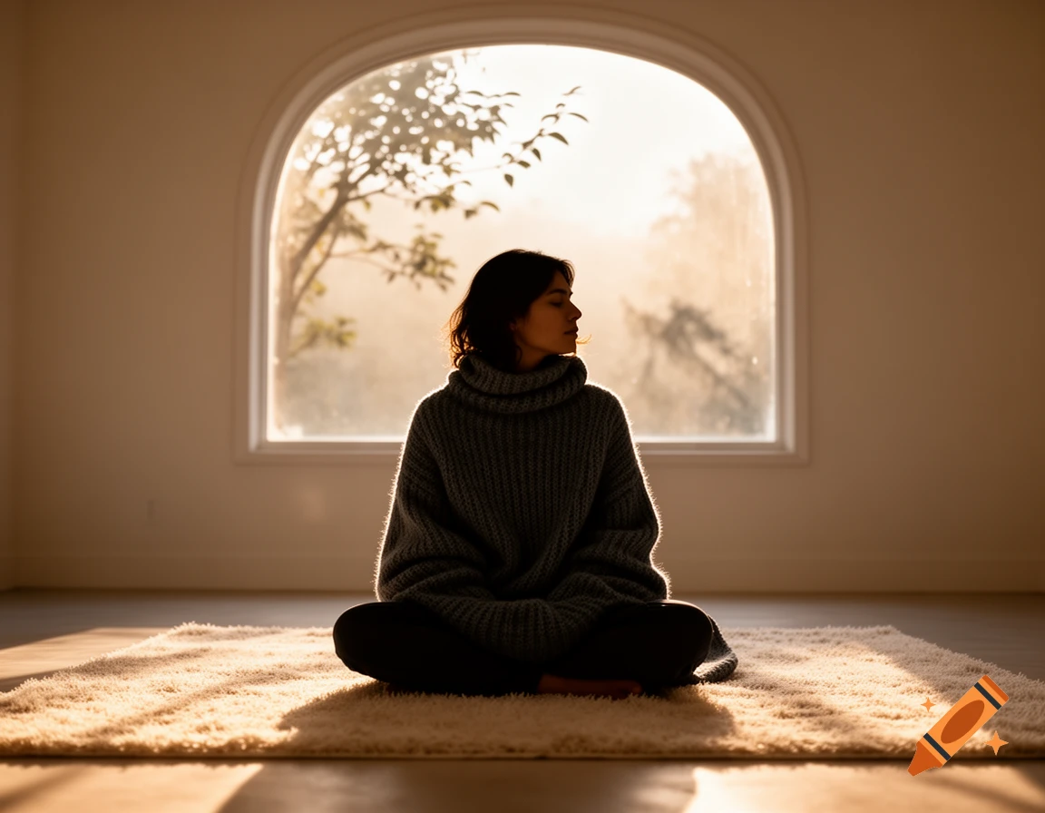 A person sits cross-legged on a rug in a sunlit room, silhouetted against an arched window with a tree outside.