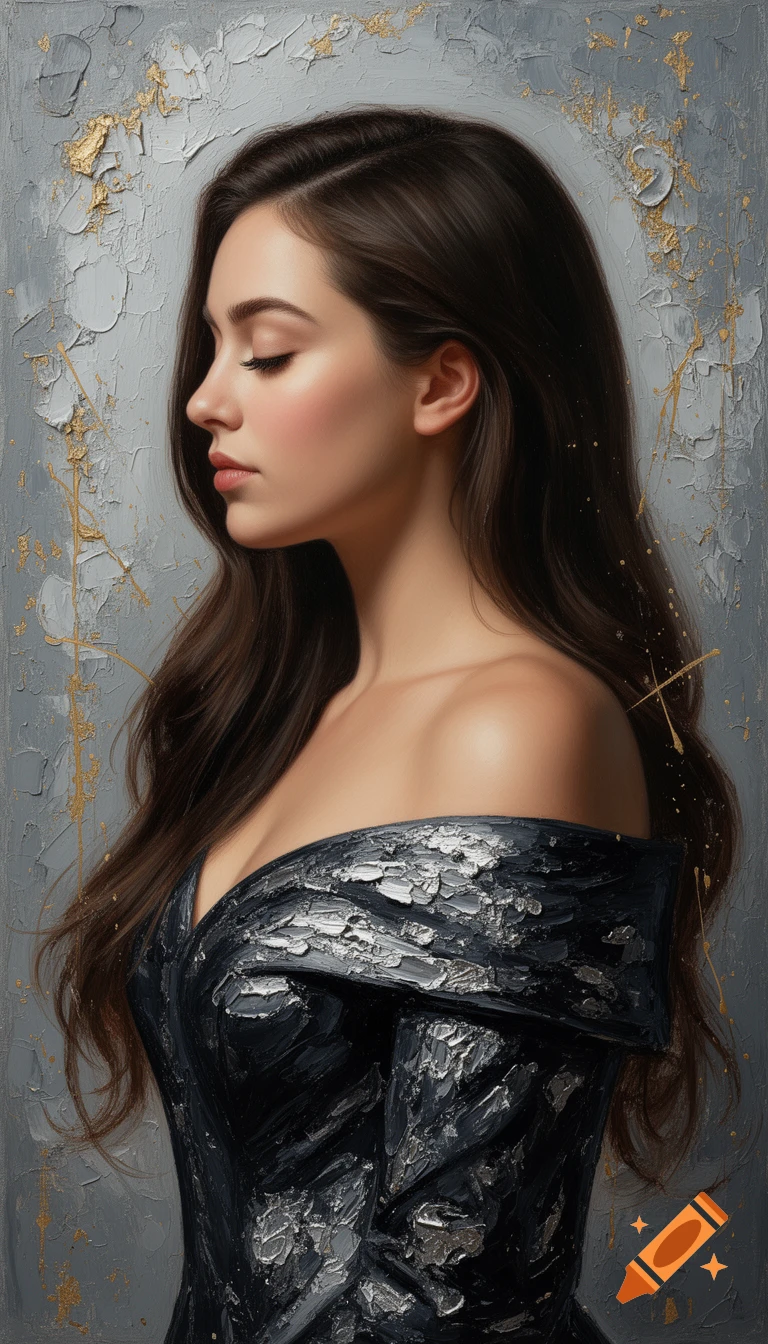Profile portrait of a young woman with closed eyes and long dark hair, wearing a textured black off-the-shoulder dress, against a gray and gold impasto background.
