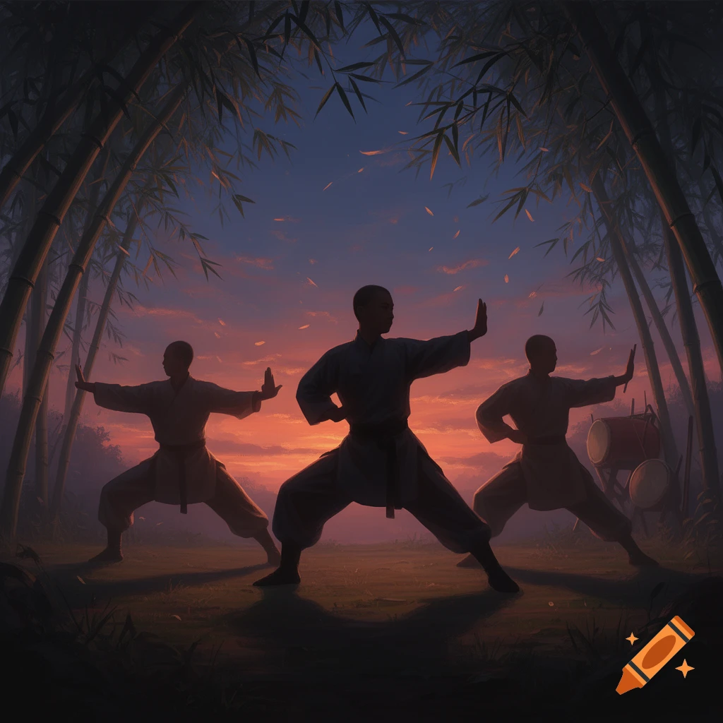 Silhouettes of three martial artists in fighting poses within a bamboo forest at sunset.