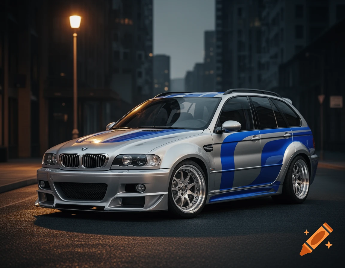 A silver BMW station wagon with blue racing stripes and custom wheels, parked on a city street at dusk under a glowing streetlamp.