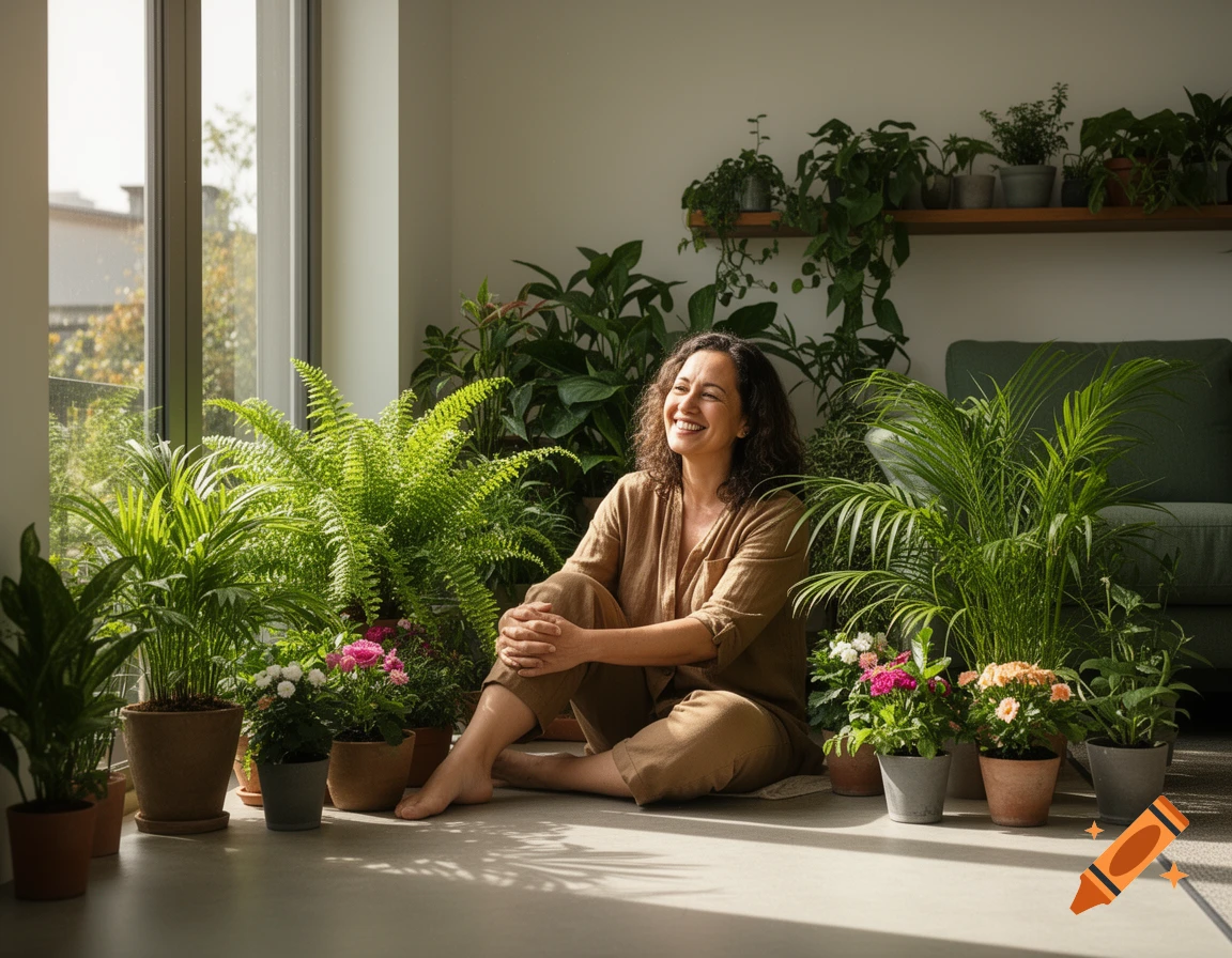A smiling woman sits barefoot on the floor surrounded by lush houseplants, bathed in sunlight from a large window.