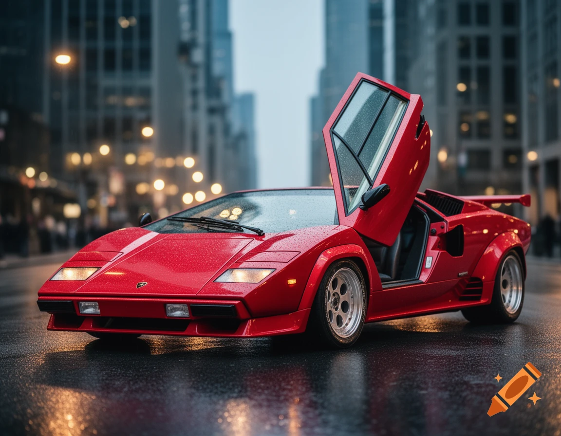 A red Lamborghini Countach with an open scissor door, parked on a wet city street at dusk with blurred lights. Photorealistic.