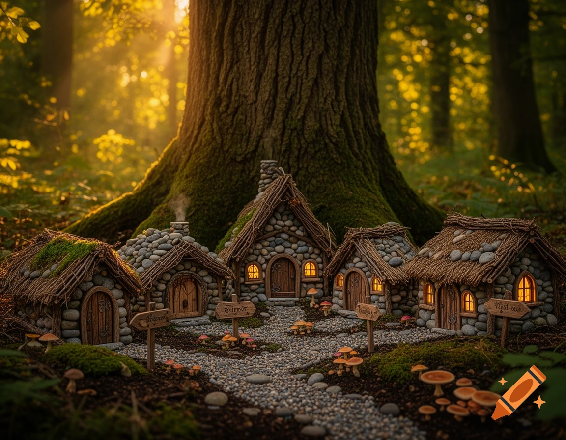 A cluster of miniature stone and straw houses with glowing windows in a forest at the base of a large tree, bathed in golden sunlight.