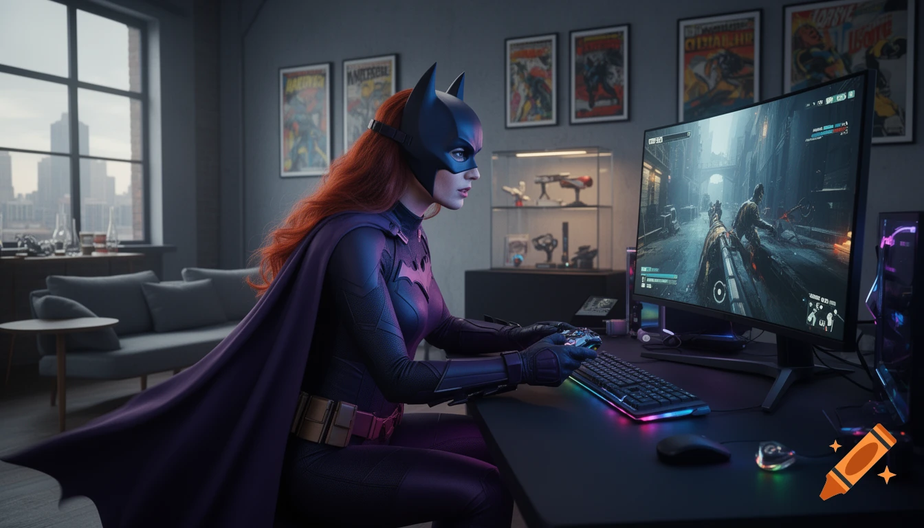 Batgirl with red hair in a purple costume and mask, playing a first-person shooter on a large monitor in a modern room with comic posters.