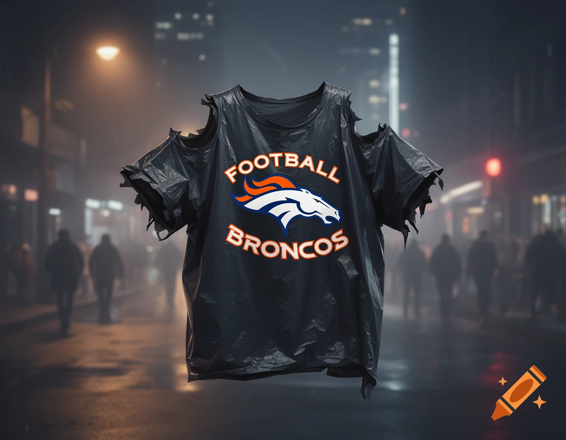 A black trash bag shirt with cut armholes and the Denver Broncos logo, set against a blurred night street scene.