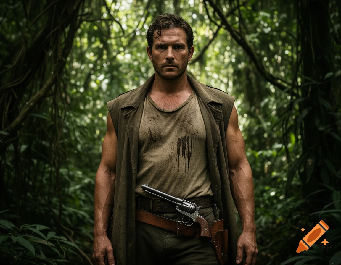 A rugged man with a beard and a sleeveless duster over a dirty t-shirt stands in a dense jungle, a revolver tucked into his hip.