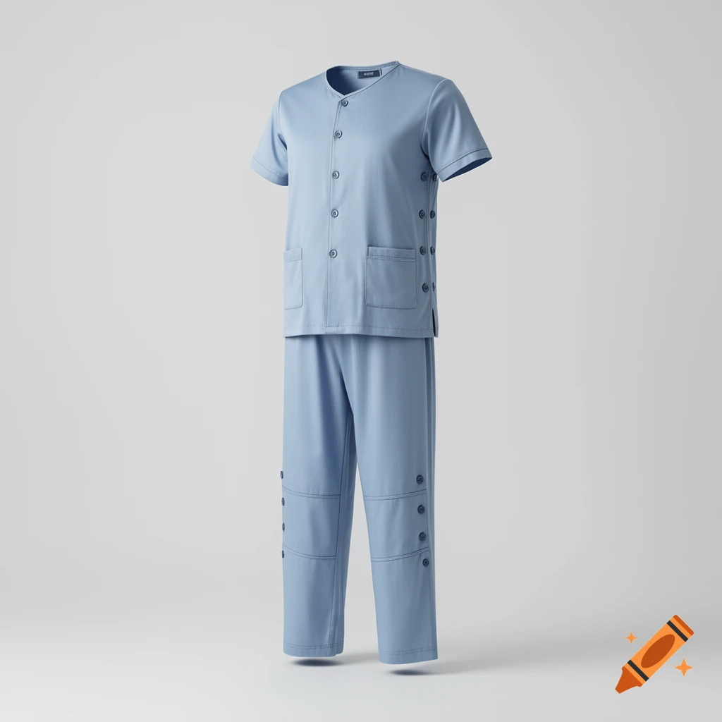A light blue pajama set with a short-sleeved button-down top and matching pants, featuring numerous buttons, presented on a white background.