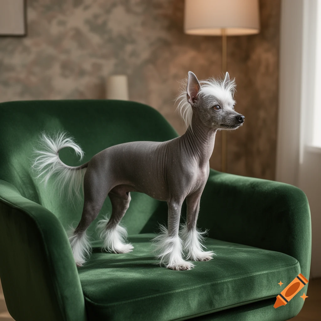 A grey Chinese Crested dog with white fluffy hair stands on a green velvet armchair in a room.