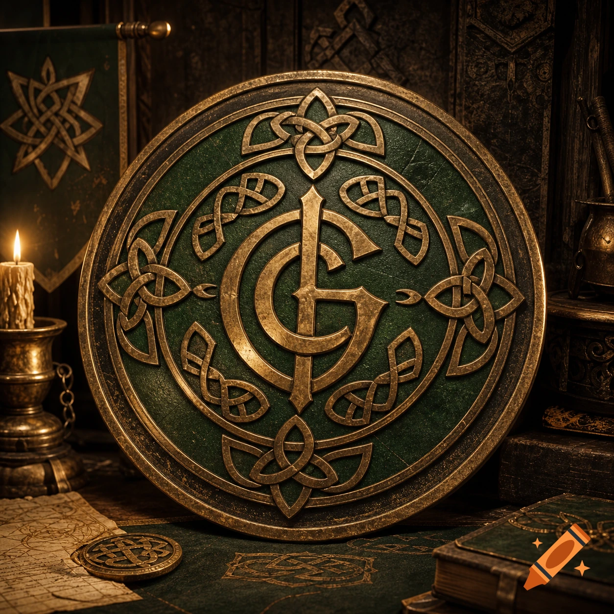 An ornate green and gold circular guild emblem with intertwined G and C letters, surrounded by Celtic knotwork, sitting on a table with a lit candle, old maps, and books in a dim, rustic setting.