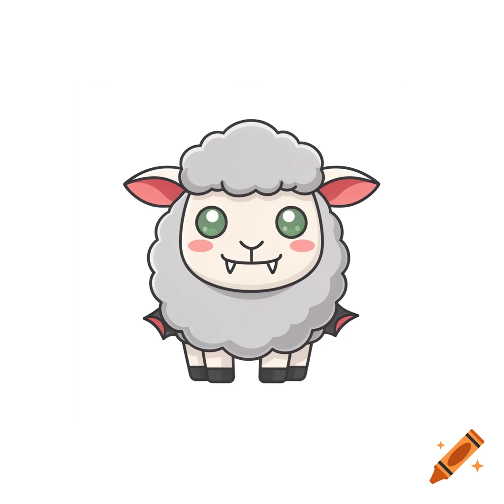 A cute cartoon vampire sheep with fangs, large green eyes, pink cheeks, and small bat wings.