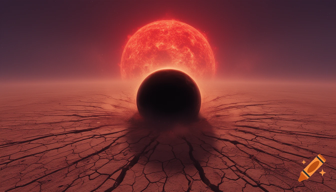 A dark celestial body rests on a deeply cracked, red desert planet surface with a giant, glowing red sun in the background.