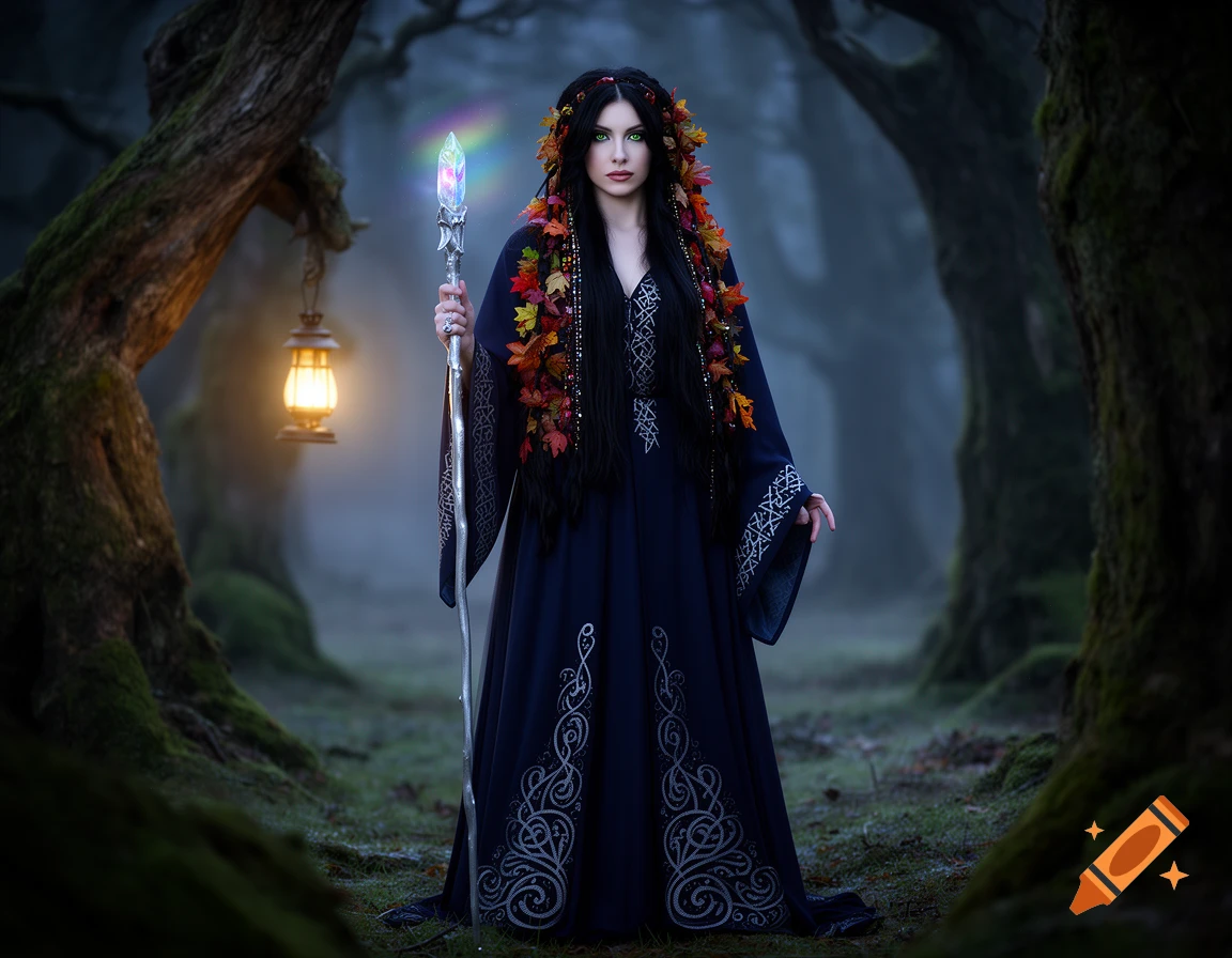 Photorealistic witch woman with dark hair and green eyes, in a dark blue dress, standing in a misty forest with a glowing staff.