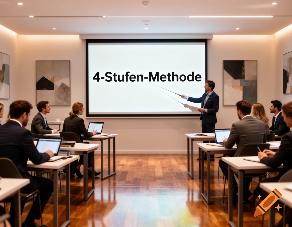 A business presenter points to '4-Stufen-Methode' on a screen in a conference room with an audience.